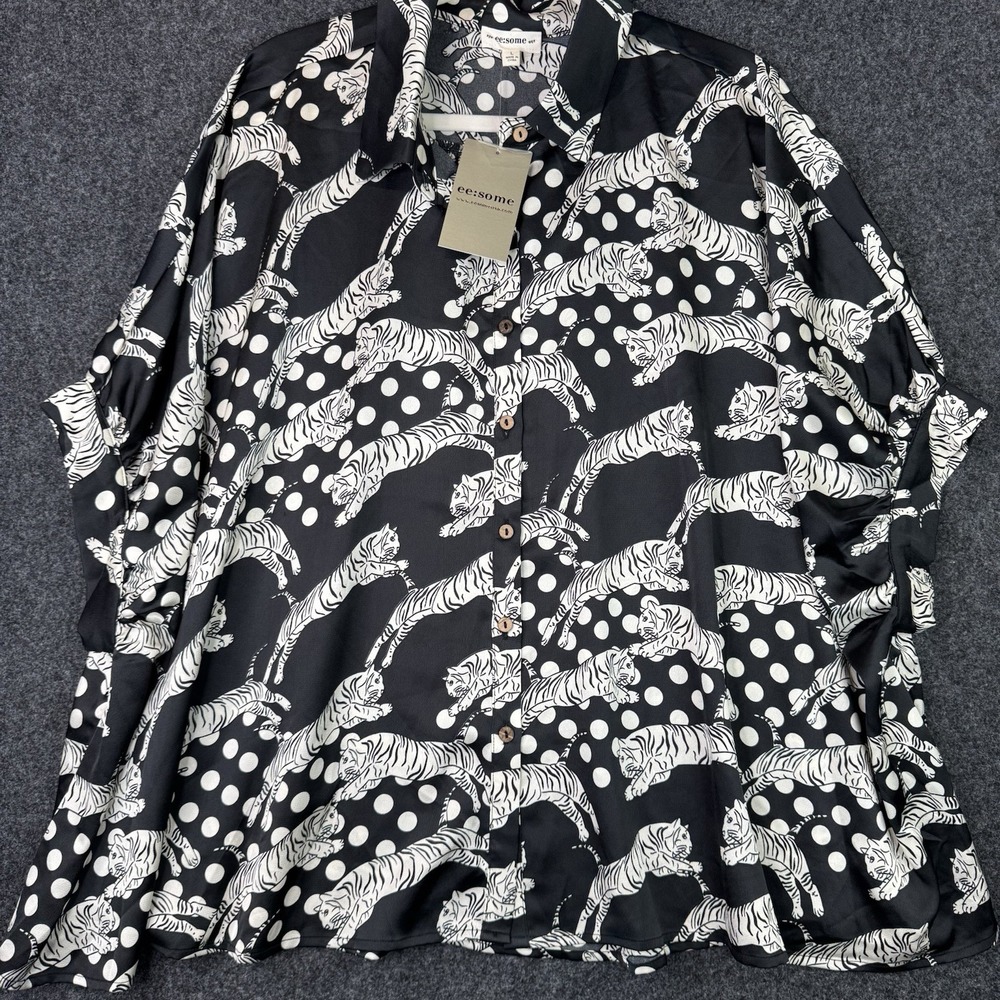 ee:some Womens L Tiger Polka Dot Blouse Black White Maximalist Statement NWT